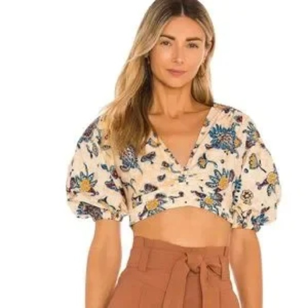 A.L.C. Rylan Cotton Poplin Crop Top Blouse Puff Sleeve (104)